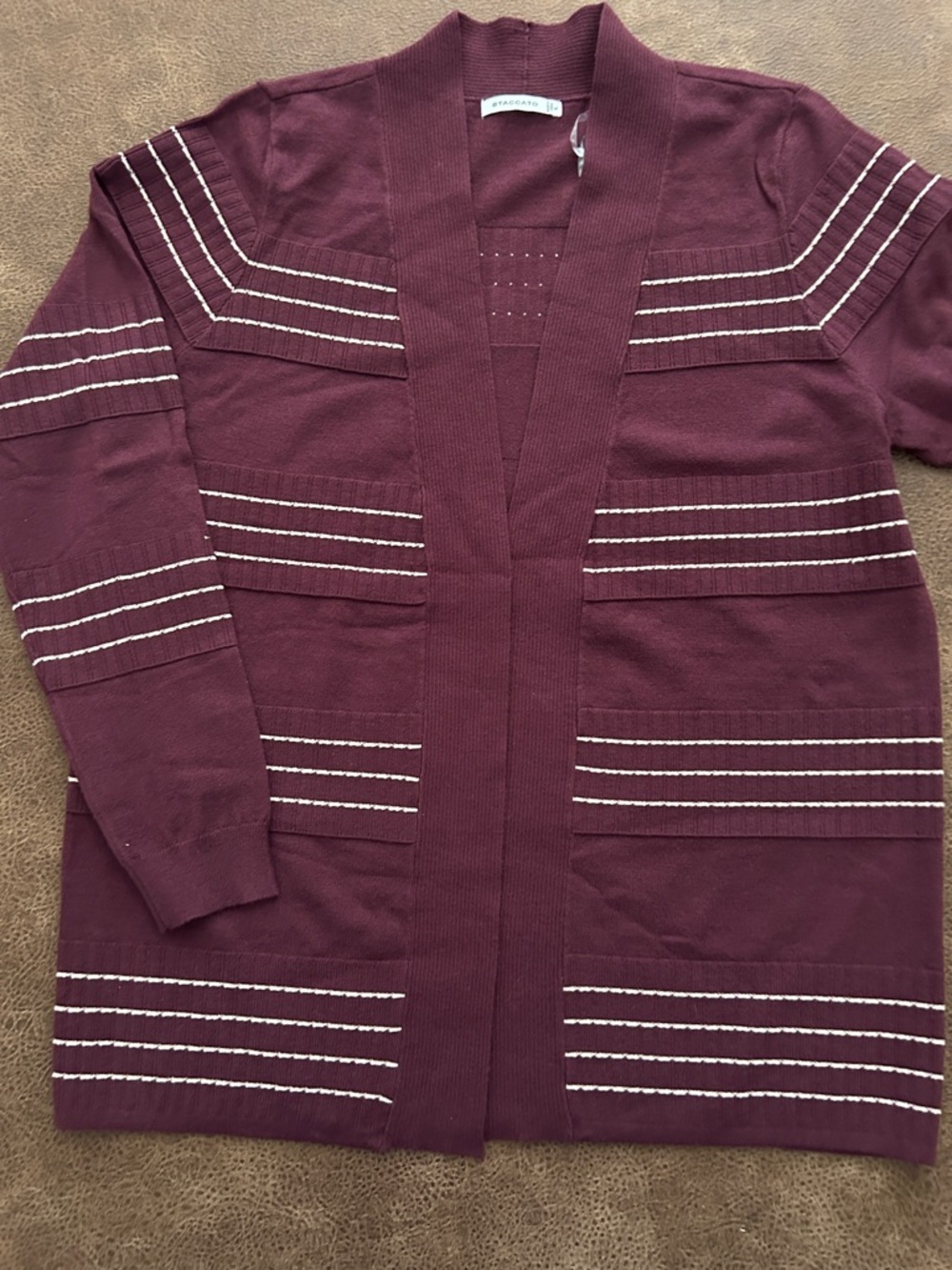 Staccato Burgundy Open-Front Cardigan with Cream Stripes